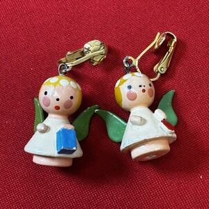 Vintage Wooden Angel Clip On Earrings